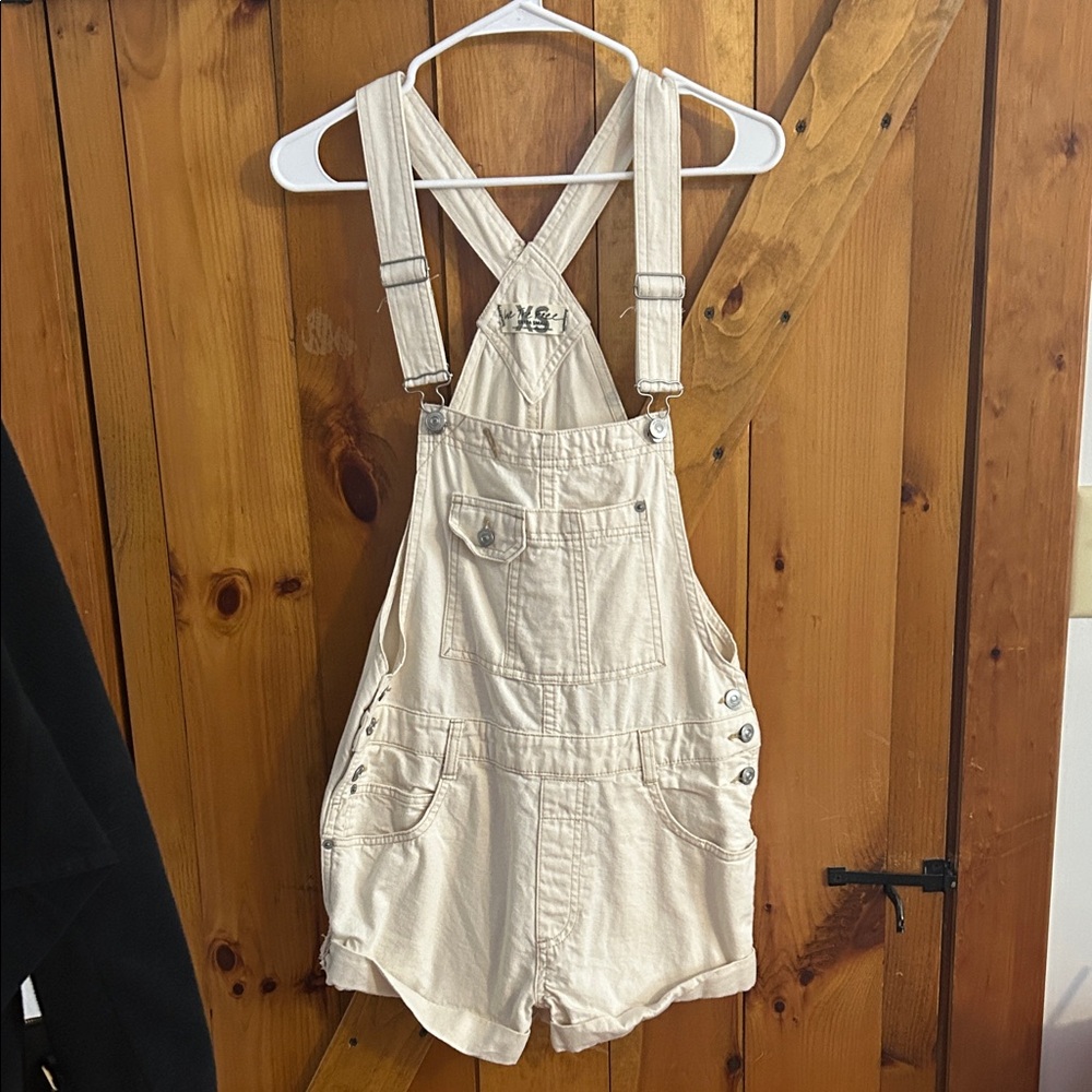 We The Free Cream Overalls with Button Accents